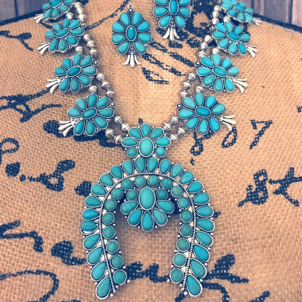 Turquoise Stone Squash Blossom Statement Set